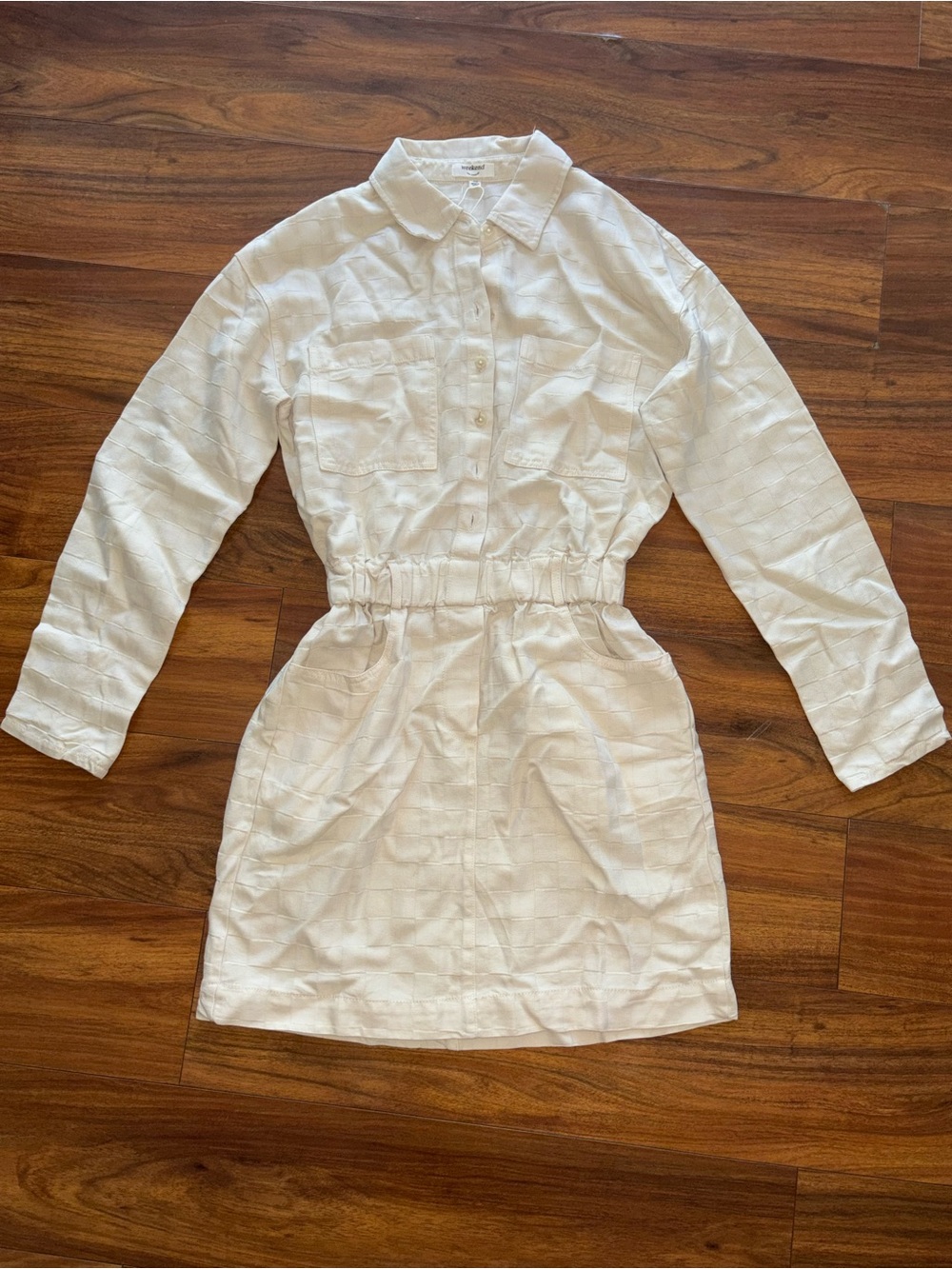 White Button-Front Mini Shirt Dress with Elastic Waist